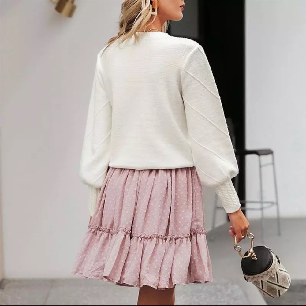 New! Off White Pompom Lantern Sleeve Knit Sweater - Picture 3 of 8